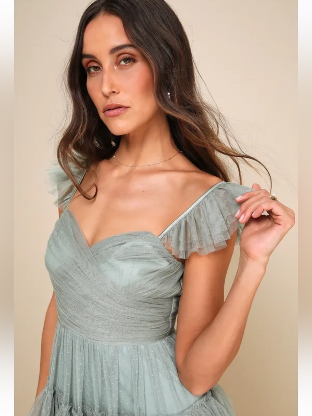 NWT Lulus Pure Radiance Sage Brush Mesh Swiss Dot Tiered Maxi Dress - Picture 5 of 10